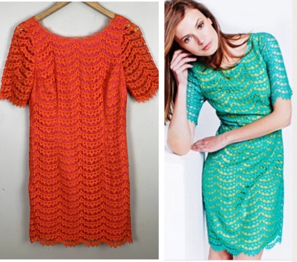 Boden Orange Pink Scalloped Lace Sheath Dress 4 4R S Small Scoop Back